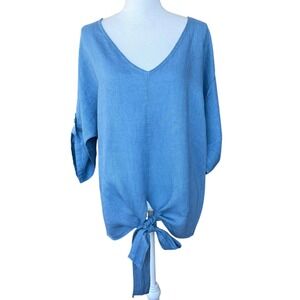 Saga Italy Women Blue Linen Tie Front Roll Tab Sleeve V-Neck Blouse New
